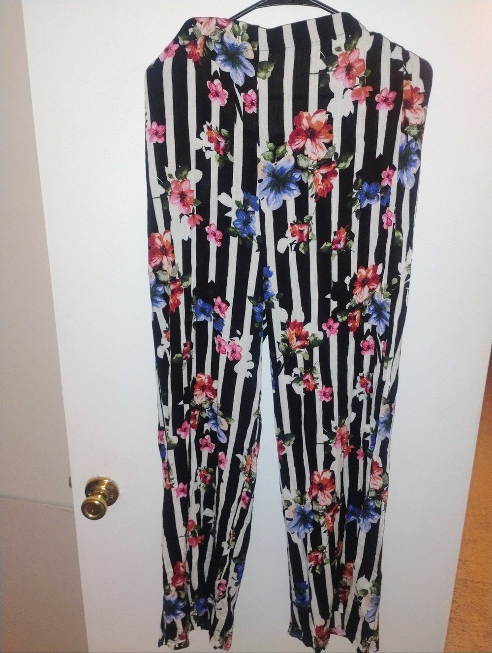 Black & White Striped Floral Wide-Leg Pants